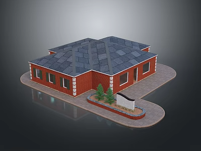 Brick Building Exterior Featuring Dark Tiled Roof Multiple Windows Small Trees Signboard And Paved Courtyard 3d model