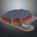 Brick Building Exterior Featuring Dark Tiled Roof Multiple Windows Small Trees Signboard And Paved Courtyard