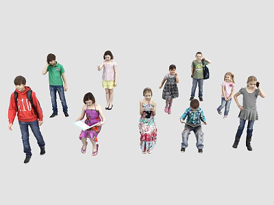 Group of children wearing different outfits with various poses standing together 3d model