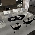 Modern Beige Sofa And Coffee Table Set With Cushions Bookshelves And Floor To Ceiling Windows