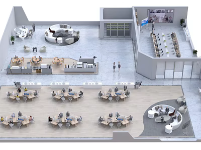 Modern Office Interior Design With Open Workspace Multiple Desks And Lounge Zones 3d model