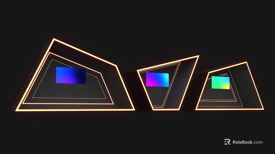 Triangular Structures With Illuminated Borders And Colorful Screens On Black Background 3d model 