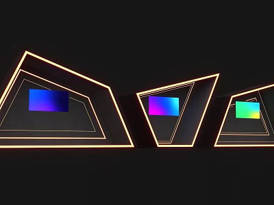 Triangular Structures With Illuminated Borders And Colorful Screens On Black Background 3d model