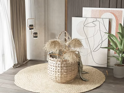 Natural Woven Basket And Rug In Cozy Room 3d model