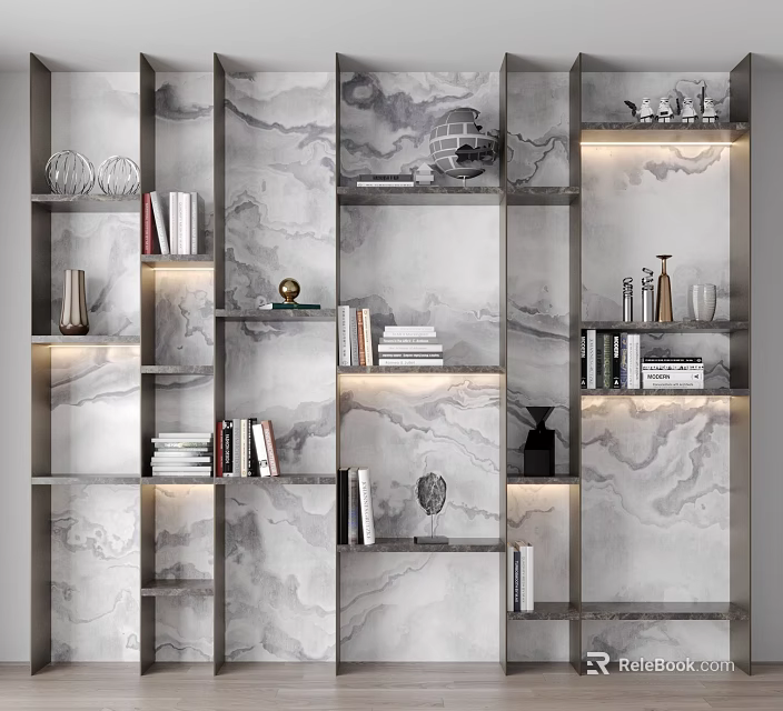 Modern Marble Textured Bookcase With Layered Shelves Books Decorations Vases And Glassware 3d model 