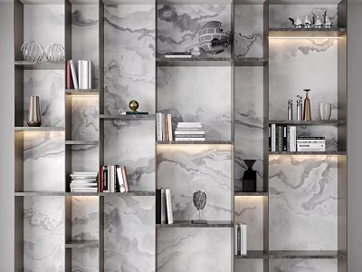 Modern Marble Textured Bookcase With Layered Shelves Books Decorations Vases And Glassware 3d model