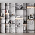 Modern Marble Textured Bookcase With Layered Shelves Books Decorations Vases And Glassware