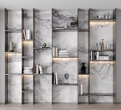 Modern Marble Textured Bookcase With Layered Shelves Books Decorations Vases And Glassware 3d model