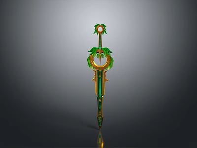 3D Rendered Ornate Fantasy Sword With Green Floral Top Golden Hilt And Emerald Accents 3d model