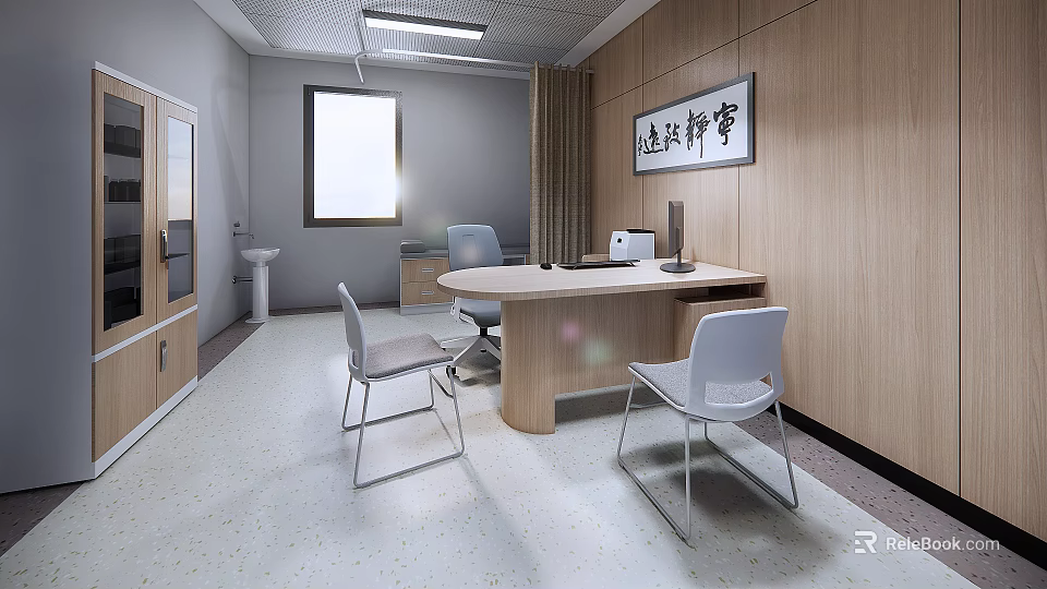Modern Hospital Outpatient Clinic Interior With Wooden Walls White Chairs Round Desk And Window 3d model 