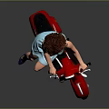 Red Scooter with Stylish Woman in Blue Dress on Gray Background