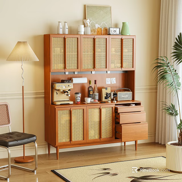 Wooden Sideboard with Rattan Doors Coffee Machine Bottles and Radio in Cozy Room 3d model 