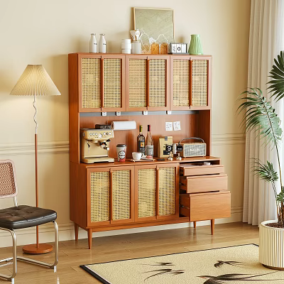 Wooden Sideboard with Rattan Doors Coffee Machine Bottles and Radio in Cozy Room 3d model