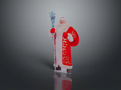 Traditional Santa Claus Standing Figure With Red Robe Golden Ornaments And Blue Scepter 3d model