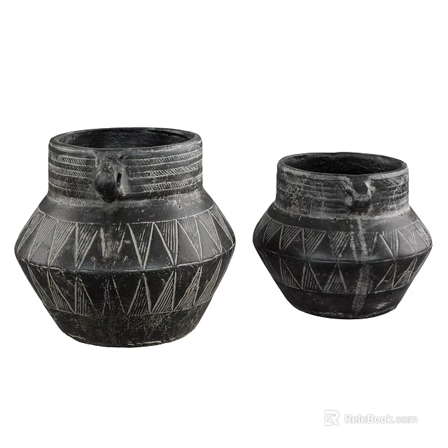 Two Handcrafted Black Ceramic Vessels With Geometric Patterns And Handles 3d model 