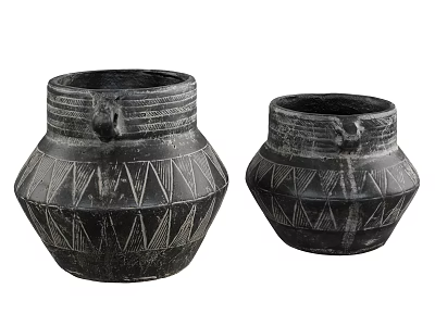 Two Handcrafted Black Ceramic Vessels With Geometric Patterns And Handles 3d model