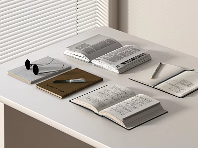 Open Books and Magazines on White Desk with Notebooks Pen Pencil Sunglasses and Window Blinds 3d model