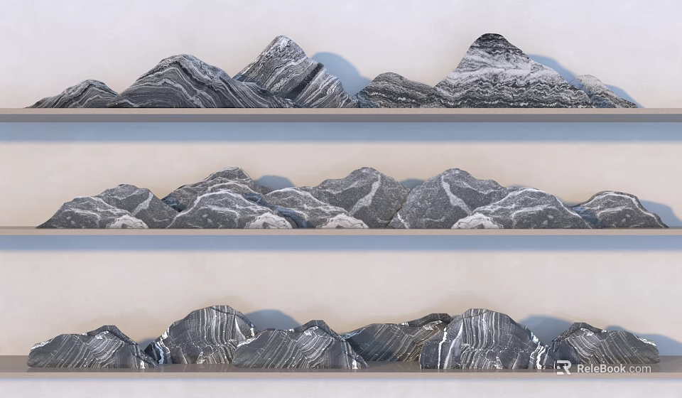 Natural Rustic Layered Rock And Wood Decorations On Light Wooden Shelves 3d model 