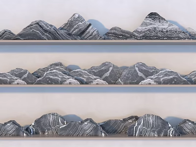Natural Rustic Layered Rock And Wood Decorations On Light Wooden Shelves 3d model
