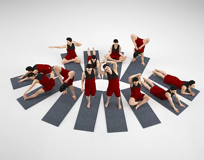 People Practicing Various Yoga Poses in Red Outfits on Gray Mats in Circle 3d model