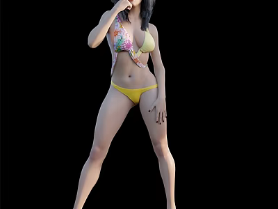 Woman In Yellow Bikini Posing With Confident Stance Against Black Background 3d model