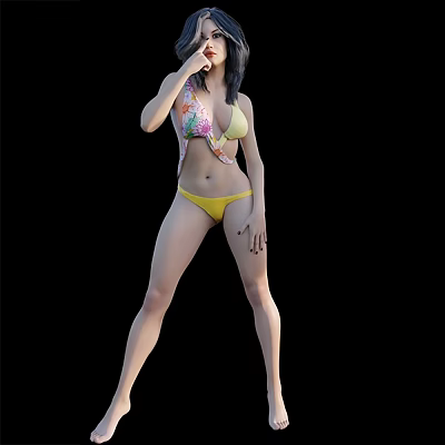 Woman In Yellow Bikini Posing With Confident Stance Against Black Background 3d model