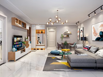 Elegant Modern Living Room Interior With Grey Sofa TV Cabinet Chandelier And Coffee Table 3d model