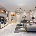 Elegant Modern Living Room Interior With Grey Sofa TV Cabinet Chandelier And Coffee Table