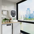 Modern Home Balcony With Washing Machine Sink Plants Shelves And City River View