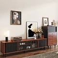 Modern Wooden TV Stand With Framed Paintings Flower Vase And Chest Of Drawers
