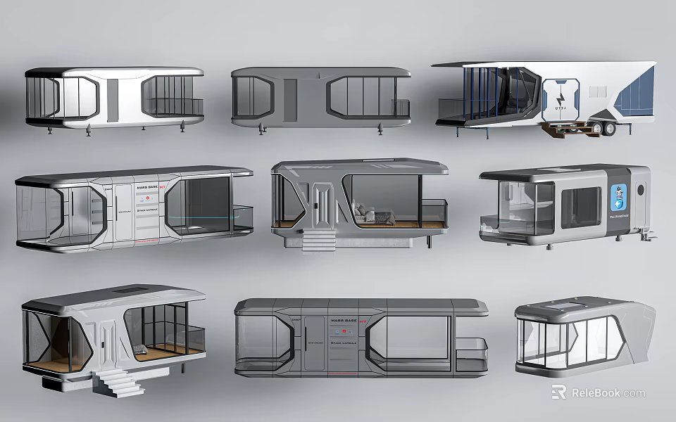 Modern Mobile Boutique Guesthouse Buildings With Sleek Glass Design And Open Terraces 3d model 