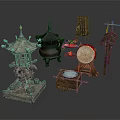Traditional Decorative Ornament Set With Tower Incense Burner Small Cart Drum Windmill Stand