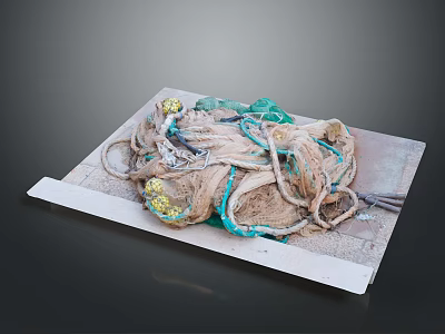 Tangled Green And Beige Fishing Net With Yellow Floats Laid On Wooden Board 3d model