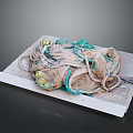 Tangled Green And Beige Fishing Net With Yellow Floats Laid On Wooden Board