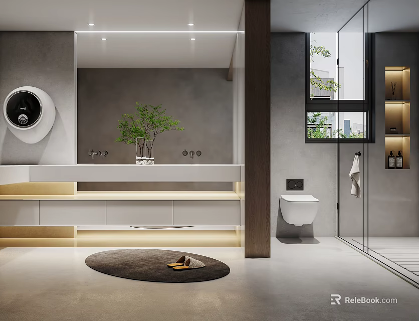 Modern Minimalist Bathroom With Gray Walls Round Mirror Double Vanity And Glass Shower 3d model 