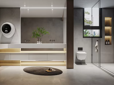 Modern Minimalist Bathroom With Gray Walls Round Mirror Double Vanity And Glass Shower 3d model