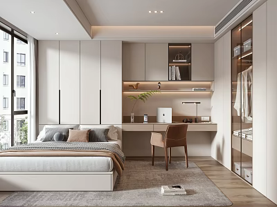Tatami Bedroom Interior Design With Modern Tatami Bed Desk And Storage Cabinets 3d model