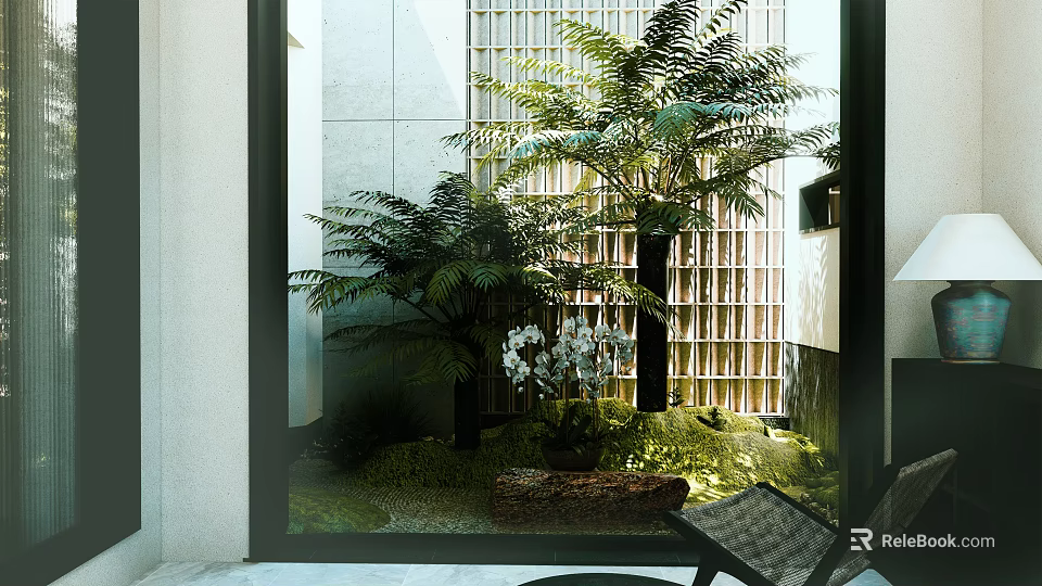 Indoor Garden Design With Ferns Palm Tree Orchids And Moss Ground Cover Against Lattice Wall 3d model 
