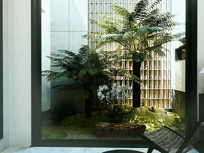 Indoor Garden Design With Ferns Palm Tree Orchids And Moss Ground Cover Against Lattice Wall 3d model