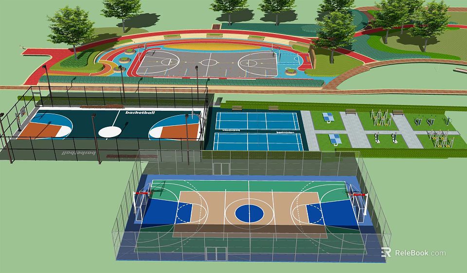 Outdoor Sports Area With Basketball Courts Tennis Courts Colorful Ground Design And Green Trees 3d model 