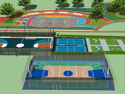 Outdoor Sports Area With Basketball Courts Tennis Courts Colorful Ground Design And Green Trees 3d model