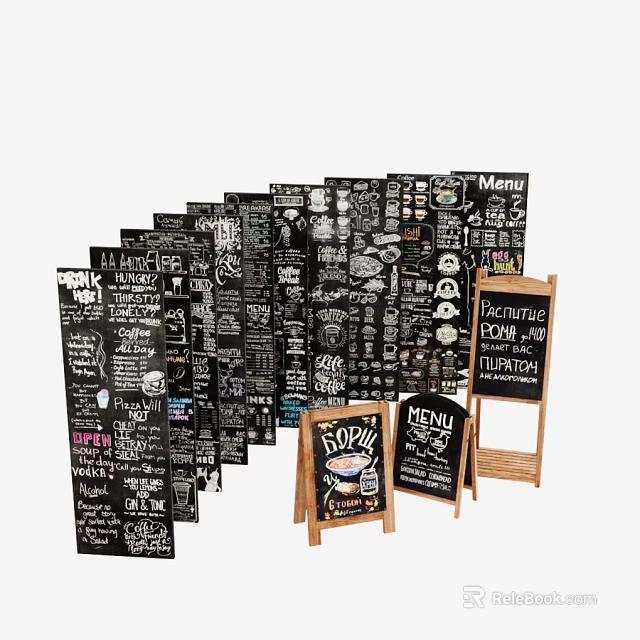 Commercial Chalkboard Menu Display Equipment With Various Styles And Wooden Stands 3d model 