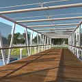Modern Transparent Glass Bridge with Wooden Deck Over Water Metal Supports and Trees Reflection