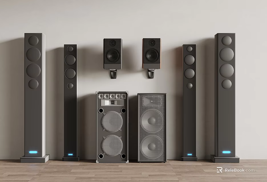 Multiple Audio Speakers Including Floor Standing and Wall Mounted Units on Wooden Floor 3d model 