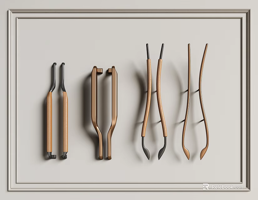 Modern Decorative Door Handles With Wooden And Metal Elements And Various Shapes 3d model 