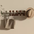 Wooden Wall Hook With Straw Hat Beige Striped Tote Bag And Green Leaf Branch