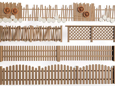 Rustic Wooden Fence Designs With Picket Lattice Panels And Decorative Discs 3d model