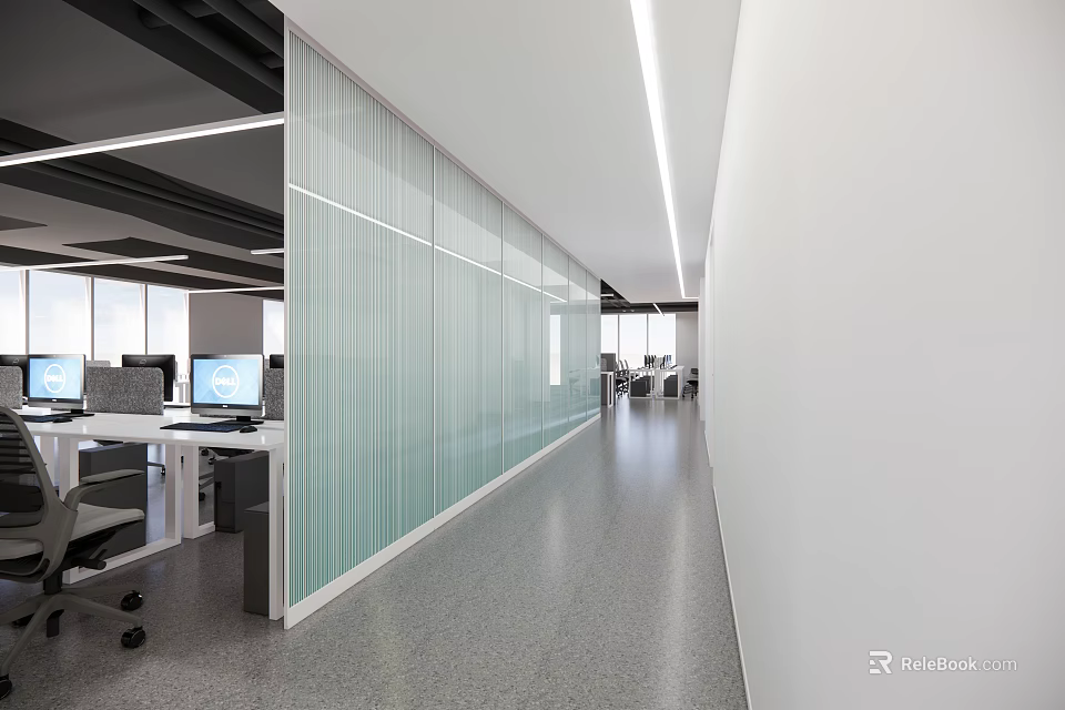 Modern Office Corridor Design With Glass Partitions Gray Flooring And Bright Workspaces 3d model 