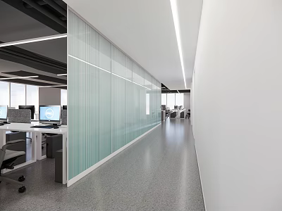 Modern Office Corridor Design With Glass Partitions Gray Flooring And Bright Workspaces 3d model