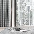 Gray Plaid Curtains With White Sheer And Indoor Plant By Window With Tall Buildings View